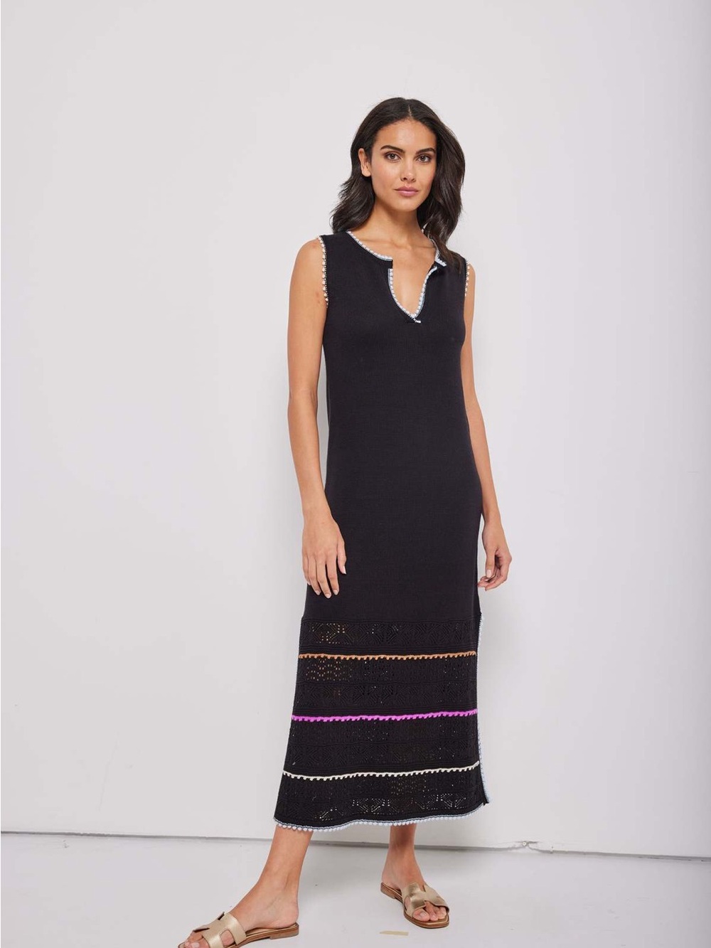 Lisa Tod Black Knit Crochet Maxi Dress with Multicolor Trim